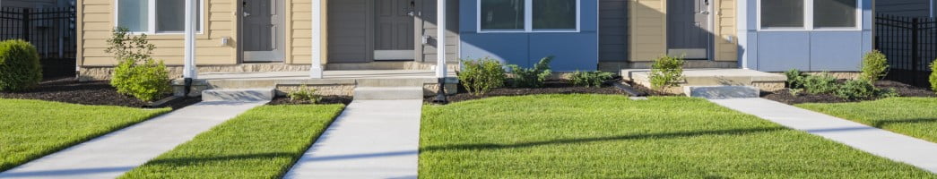 The sun shines on the fresh-cut lawn of the front of a house with gray and blue
siding. Landscaping sits below the two front windows of the house.